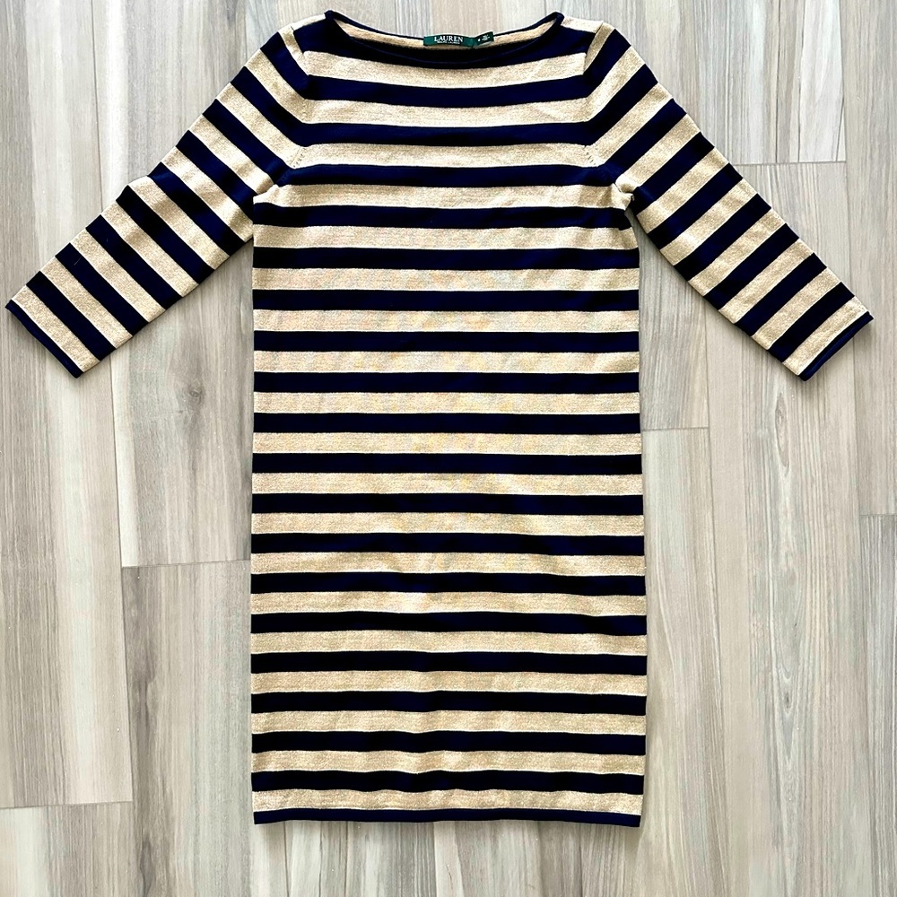 RALPH LAUREN nautical midi sweater dress striped navy gold metallic boatneck M